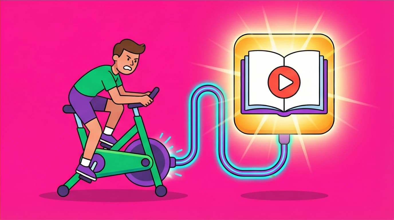 A visual metaphor for applying Atomic Habits concepts, like temptation bundling, by linking exercise directly to audiobook listening.