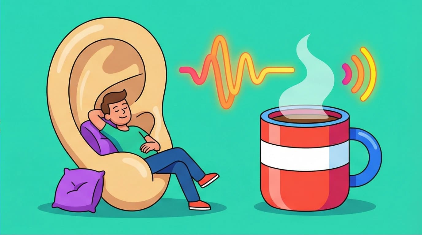 A character listens to the James Clear audio of Atomic Habits, visualizing the book's intimate and personal coaching experience.