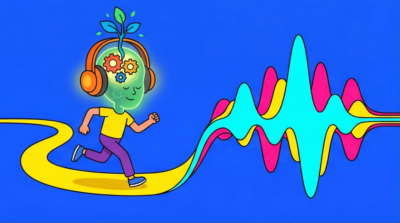 Illustration of a person listening to the Atomic Habits audiobook, symbolizing building better habits with James Clear's audio masterclass.