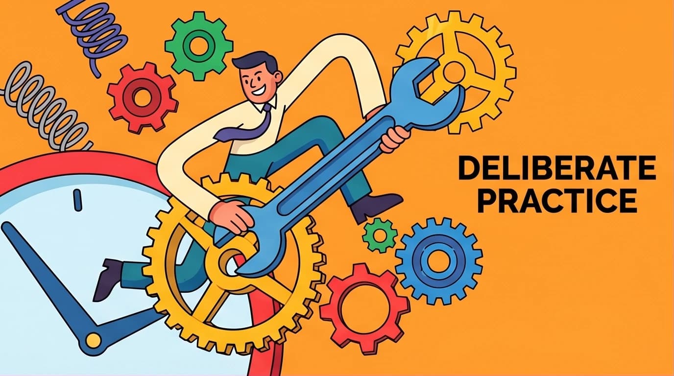 An illustration of a person building mastery by actively tuning the gears of a giant clock, representing the 10000 hour rule and deliberate practice.