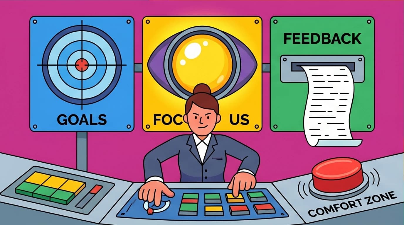 An illustration showing the four pillars of deliberate practice: goals, focus, feedback, and comfort zone, essential for achieving mastery.