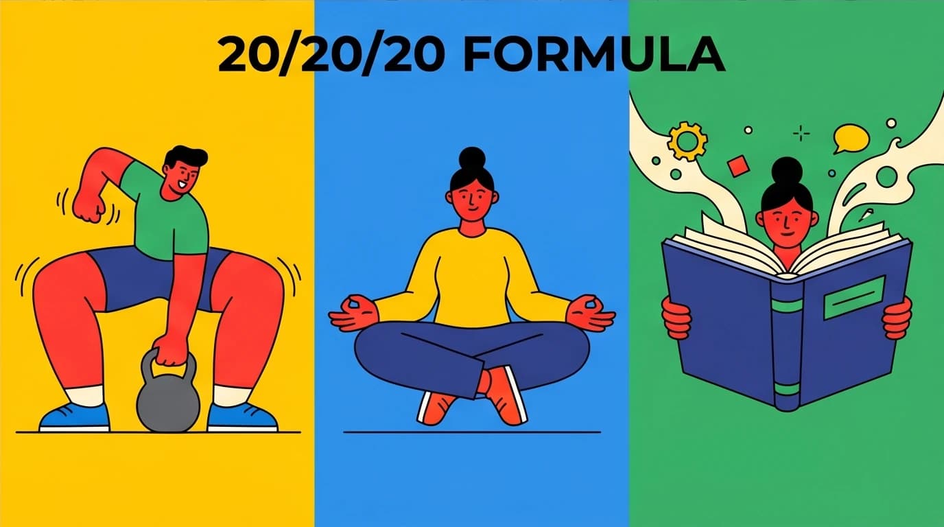 An infographic showing the 20/20/20 formula from The 5 AM Club: a person exercising, reflecting, and growing to build a world-class morning routine.