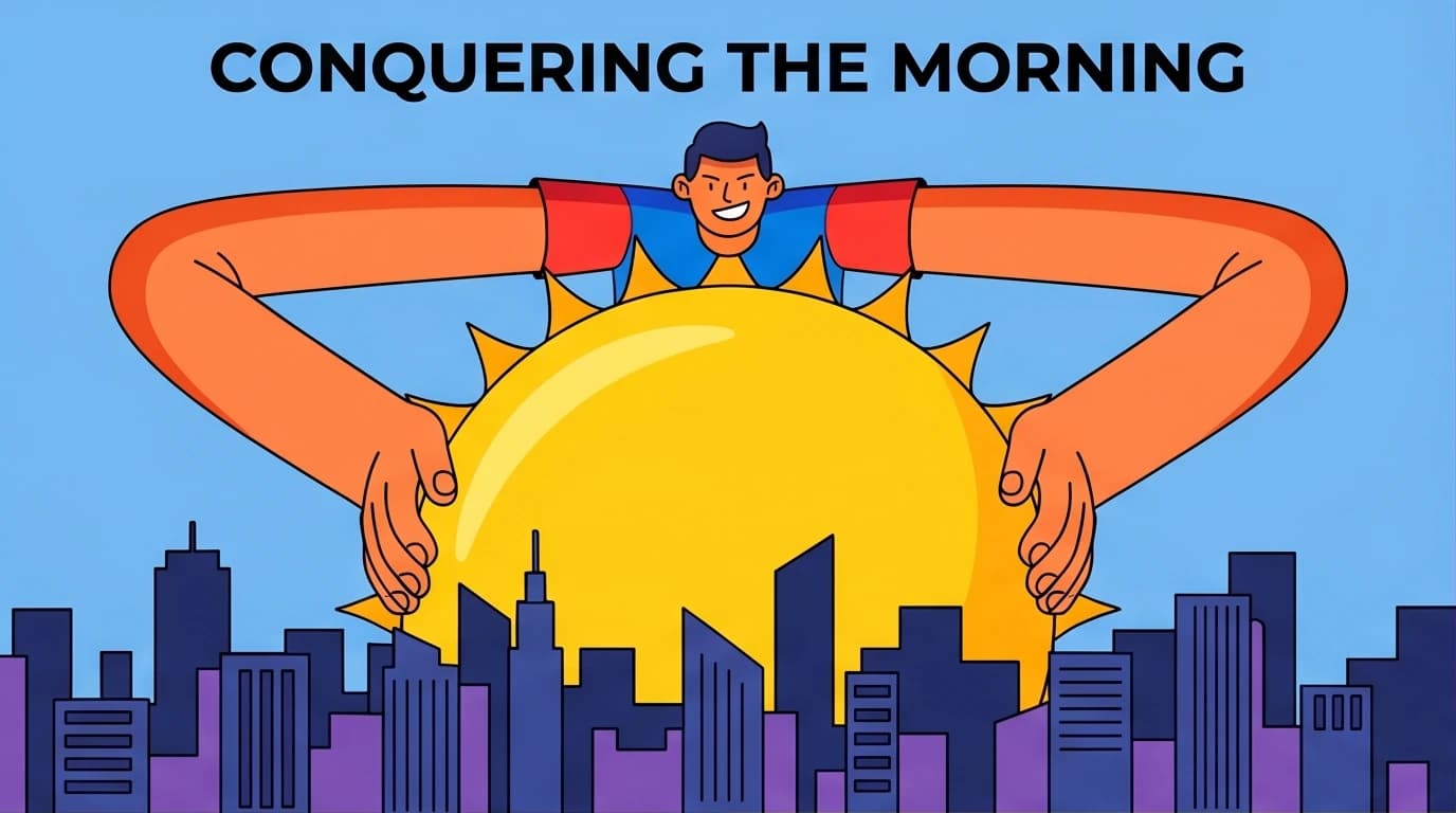 An illustration of a person pushing the sun up, symbolizing the 5 AM Club principle to own your morning and elevate your life with a powerful routine.