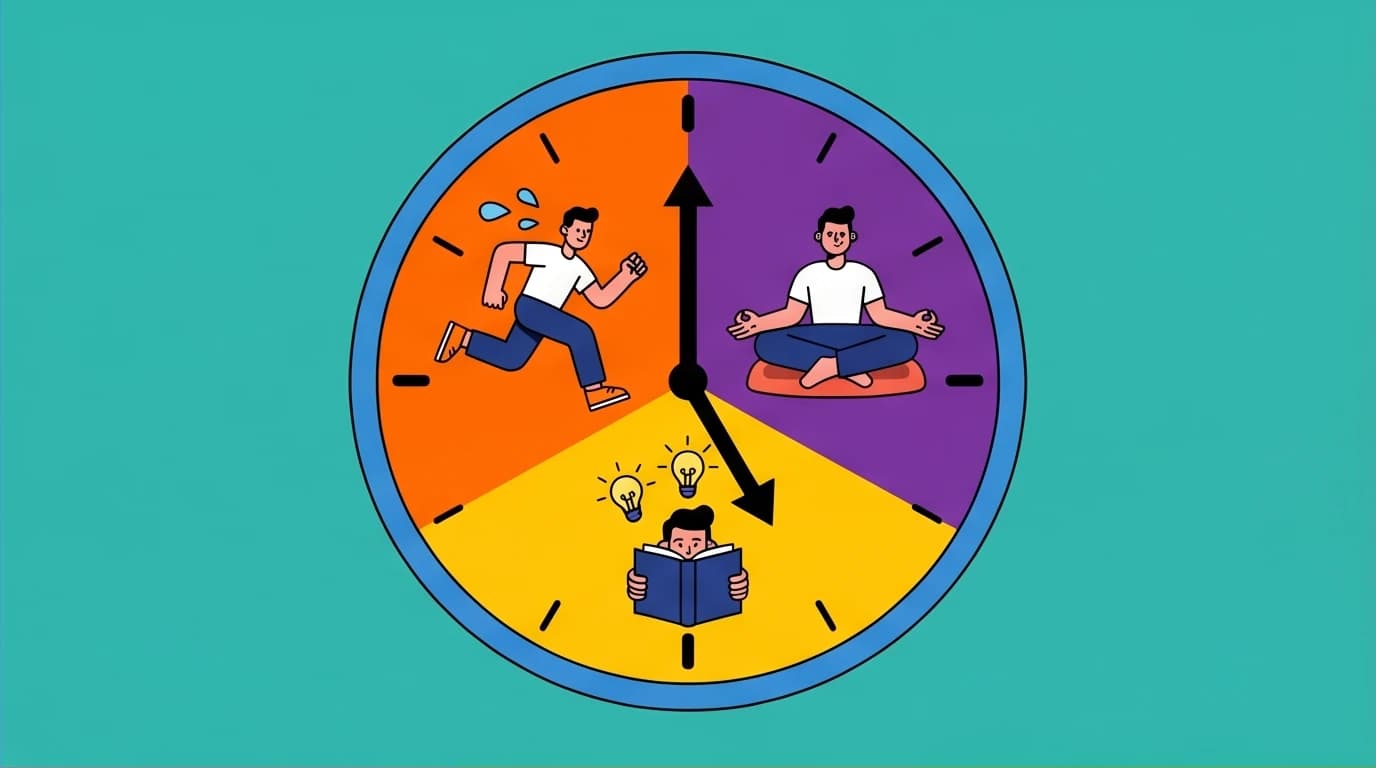 A character demonstrating The 5 AM Club's 20/20/20 formula: 20 minutes of movement, 20 minutes of reflection, and 20 minutes of growth.