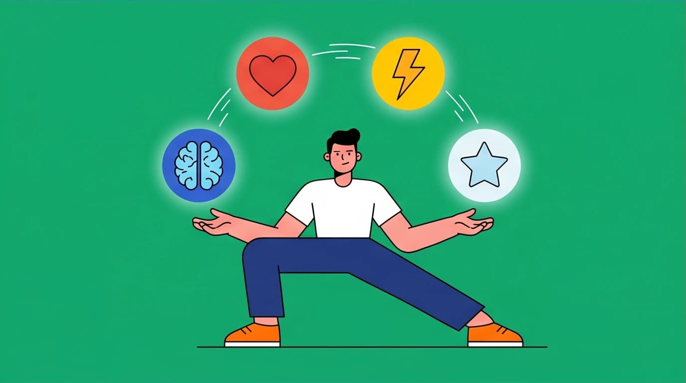 Illustration of the Four Interior Empires from The 5 AM Club: balancing Mindset, Heartset, Healthset, and Soulset for self-mastery.