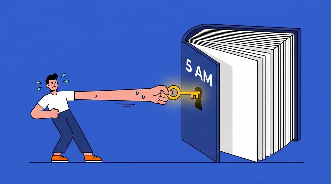 An illustration for The 5 AM Club review showing a person struggling to get a key idea from an overly thick book by Robin Sharma.