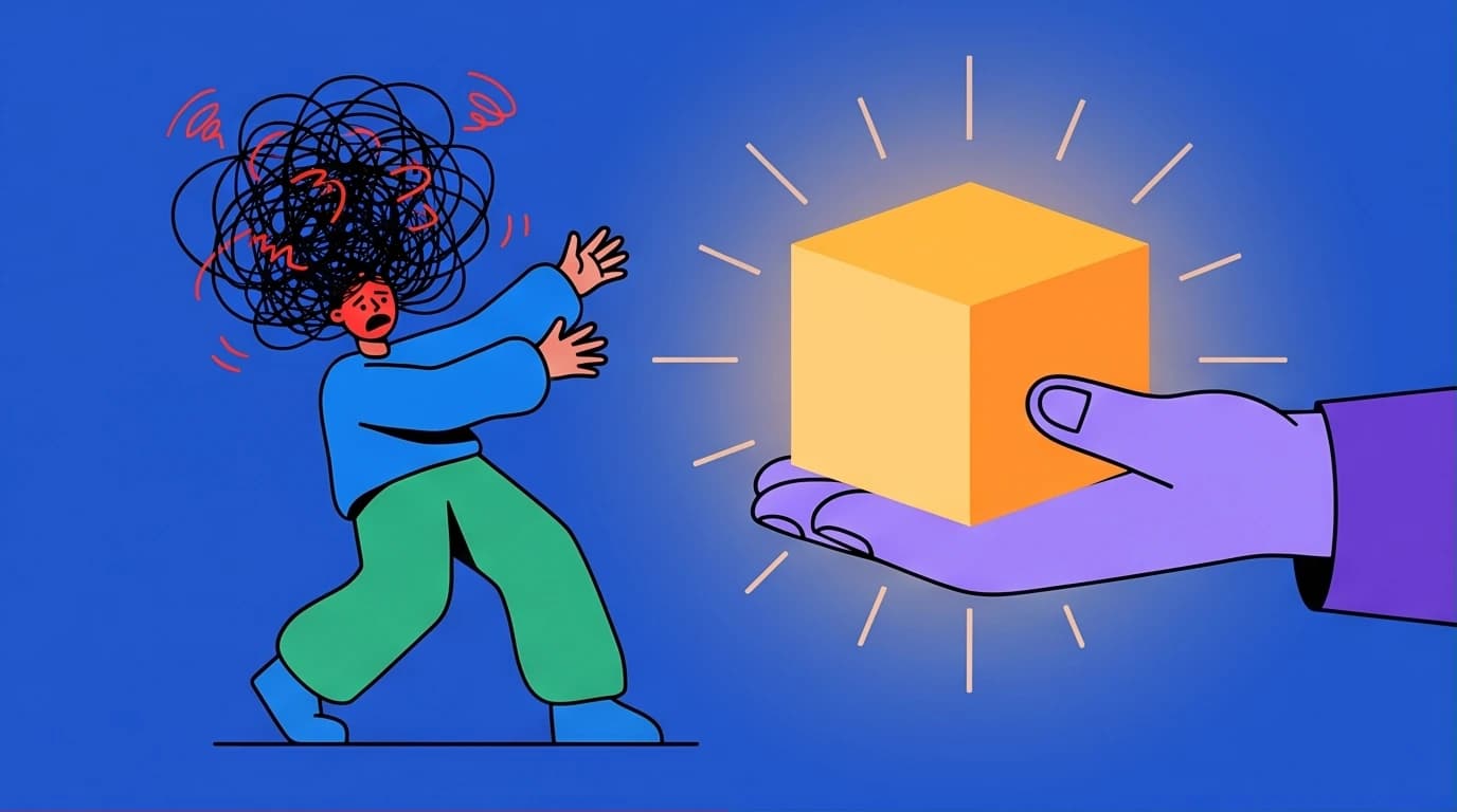 A guide to anxiety relief methods: a calm hand offers a symbol of stability to an overwhelmed person, representing self-help for a panic attack.