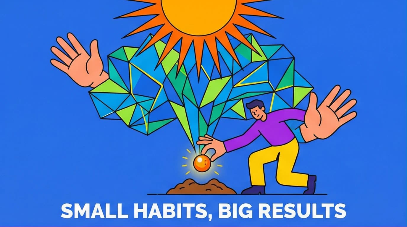 An illustration representing James Clear's Atomic Habits quotes, showing how small, daily actions lead to massive personal growth.