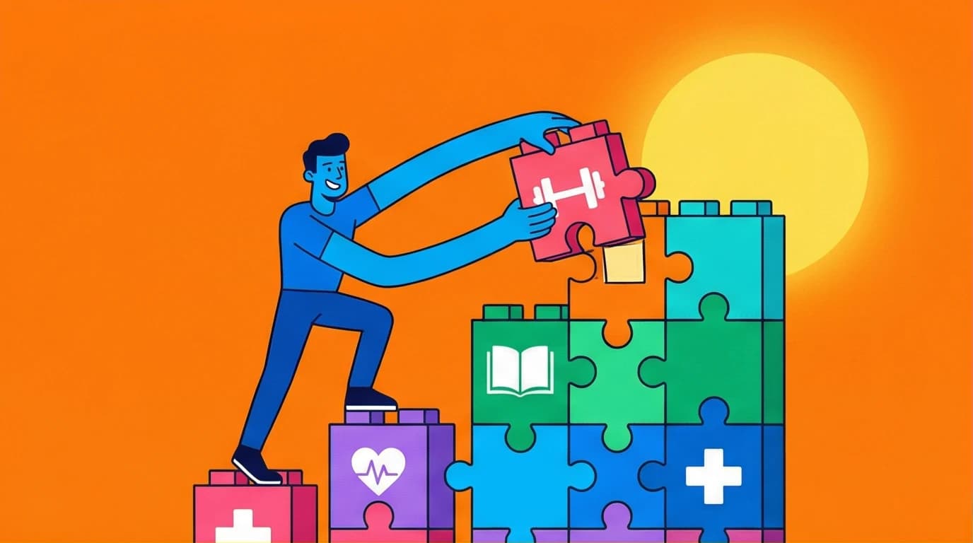 An illustration of a person building a staircase of good habits using the Atomic Habits framework by James Clear, symbolizing an actionable system.