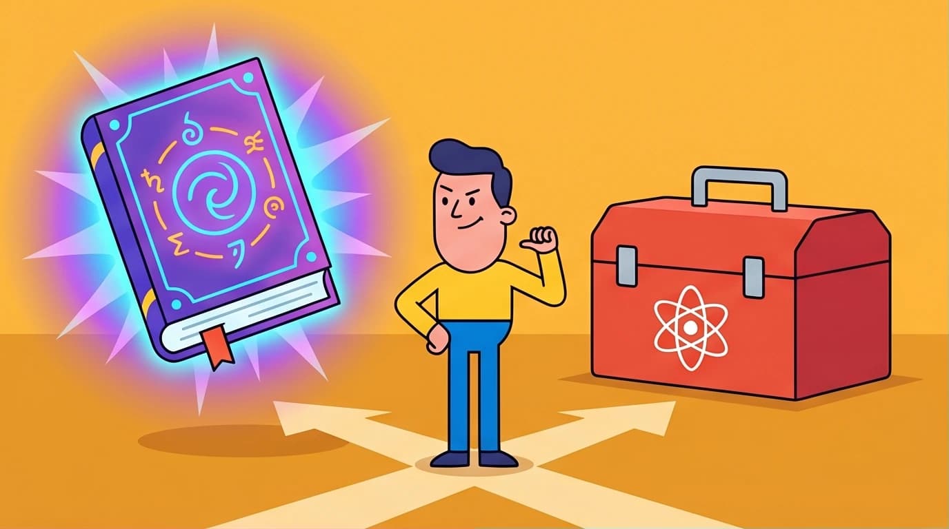 An illustration for an Atomic Habits book review showing a character choosing a practical toolbox over a magic book, symbolizing its core value.