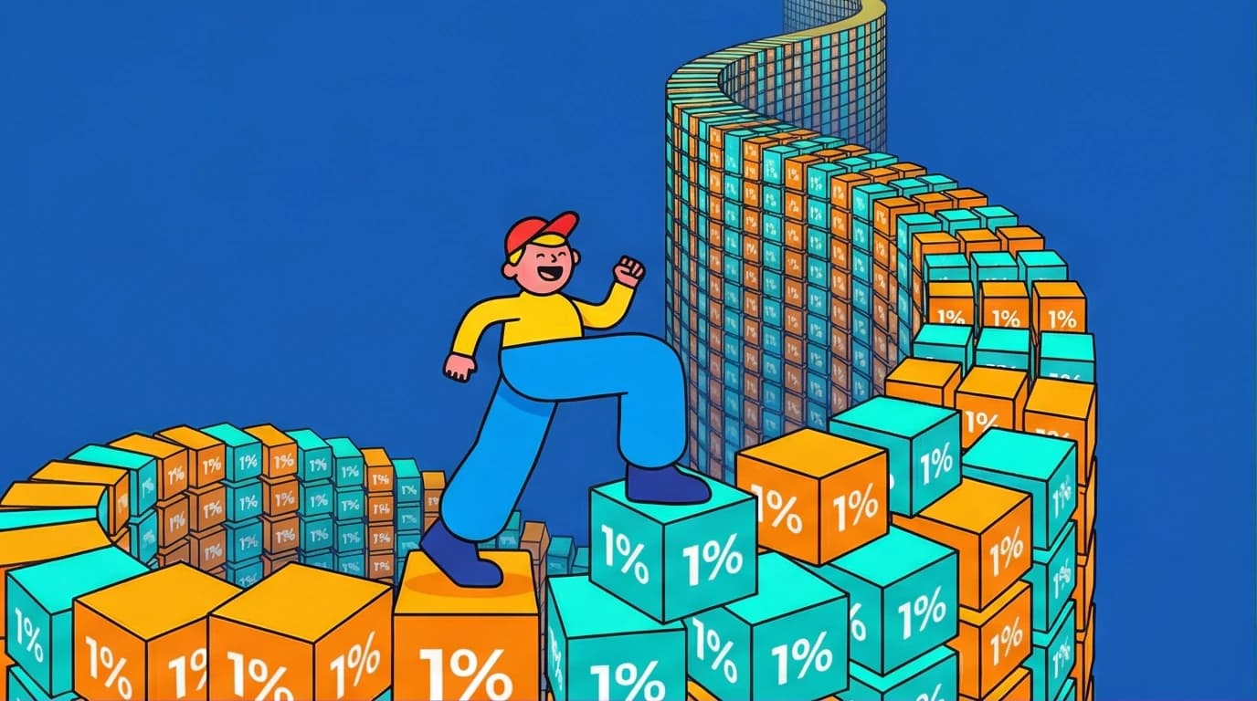 An illustration showing a character taking small 1% steps to build good habits, representing the core concept of this Atomic Habits summary.