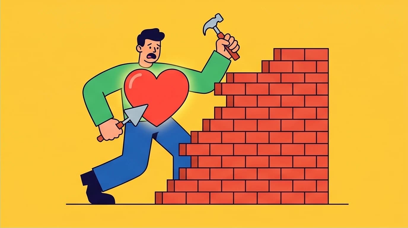 A character building a wall around a giant heart, symbolizing the avoidant partner's deep conflict between wanting love and the fear of intimacy.