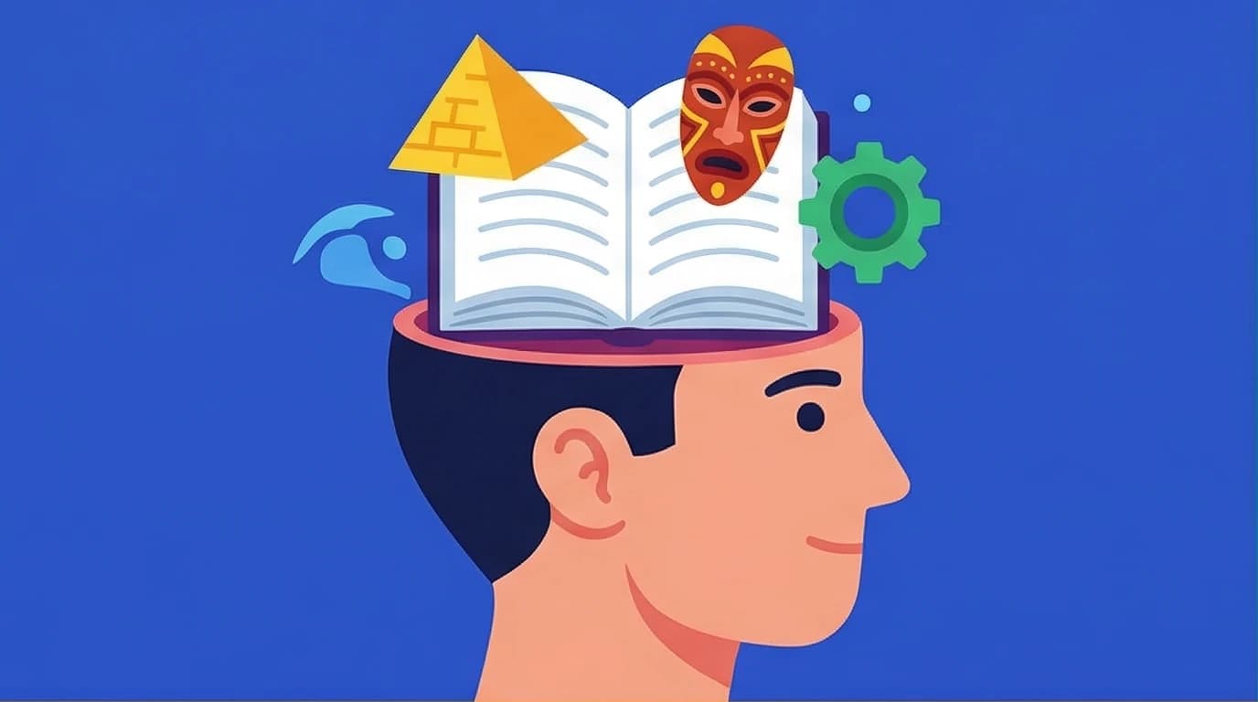 Illustration of a book opening into a human brain, symbolizing how the best anthropology books decode human culture and behavior.