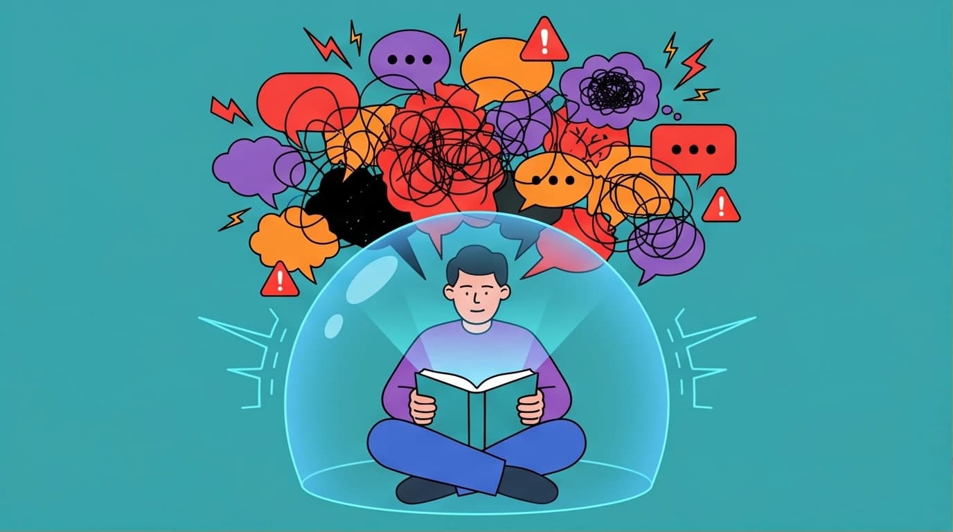 An illustration of a person finding calm by reading a book, which shields them from the chaos of anxiety and mental exhaustion.