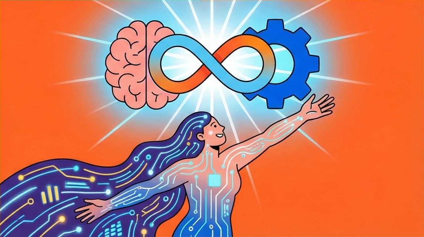 A human merging with AI and data, depicting the future of humanity and the quest for divinity as explored in books like Homo Deus.