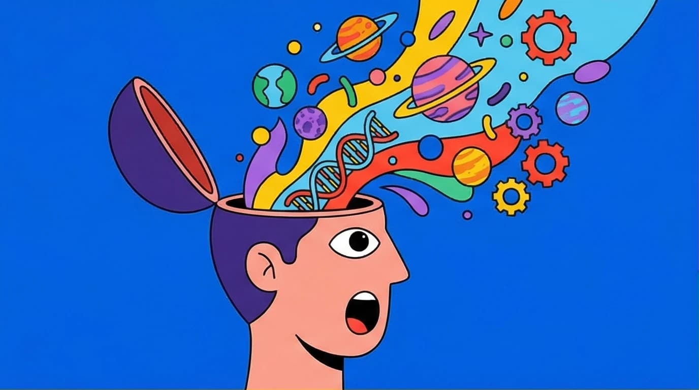 An illustration of a person's mind expanding, representing the mind-bending insights from big history books like Sapiens and Homo Deus.