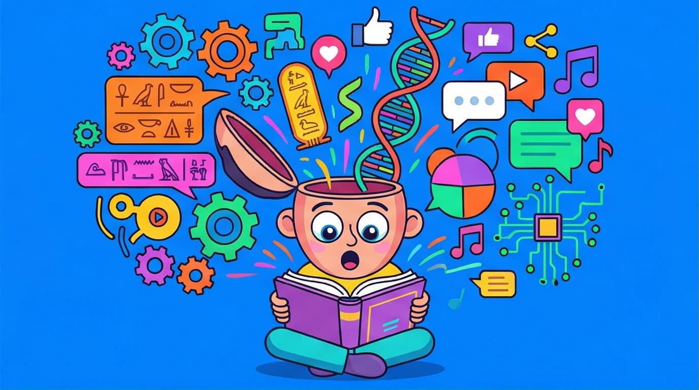 An illustration of a reader's mind expanding with a universe of ideas from reading mind-expanding books like Sapiens on big history.