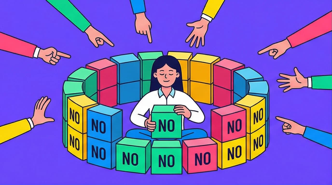 An illustration inspired by the Boundaries book review, showing a person setting boundaries by building a wall labeled 'NO' to achieve peace.