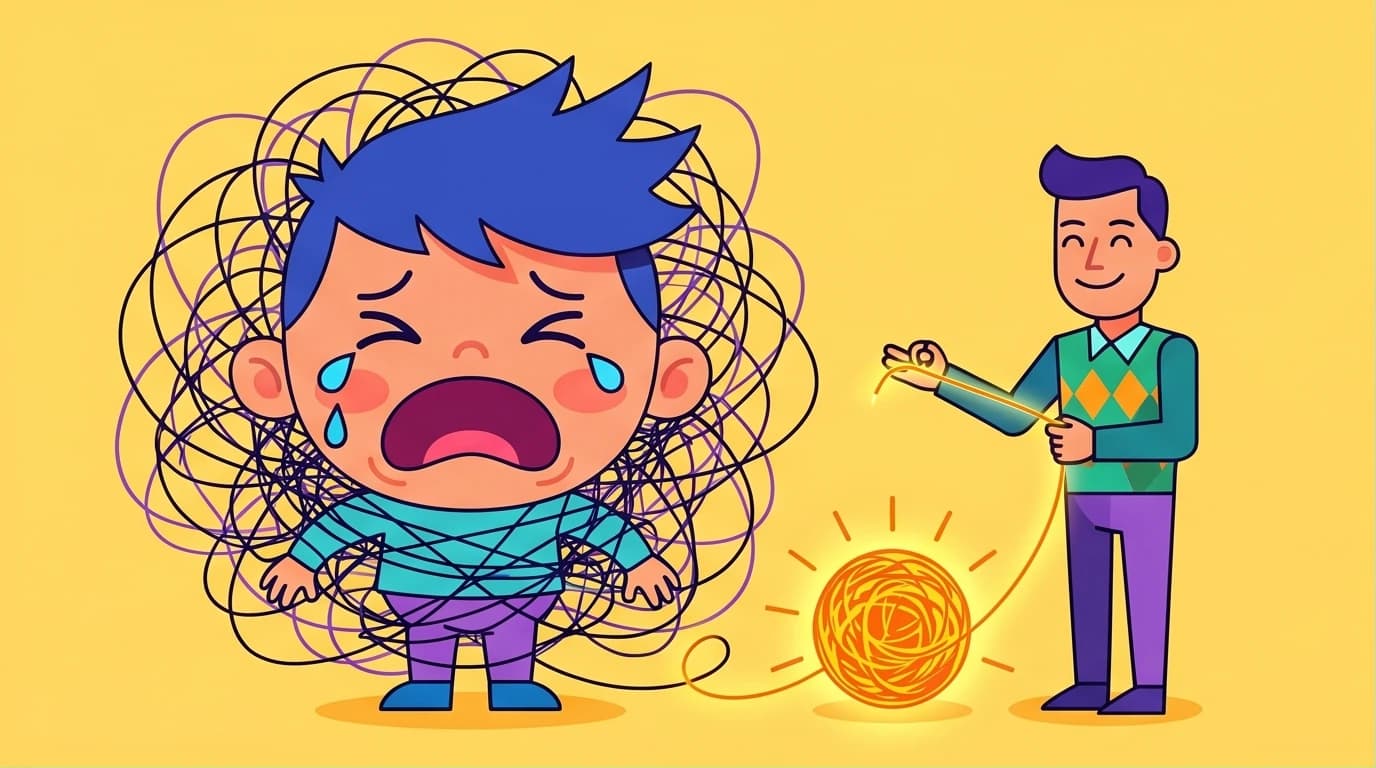 An illustration of a parent guiding a child through big emotions, representing positive parenting techniques for building frustration tolerance and resilience.