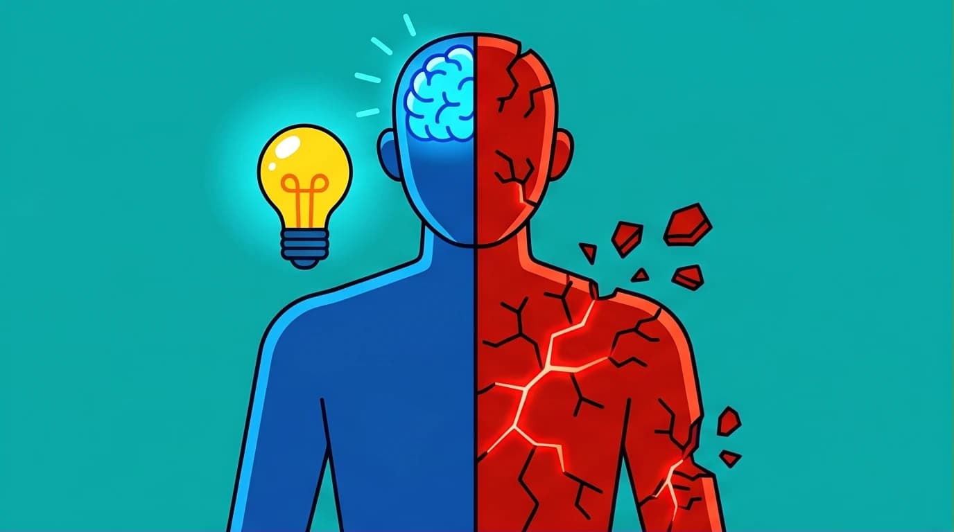 An illustration depicting the dual nature of the David Goggins mindset from the "Can't Hurt Me" book review: one half shows a glowing brain for mental strength, the other a cracked body symbolizing its toxic potential.