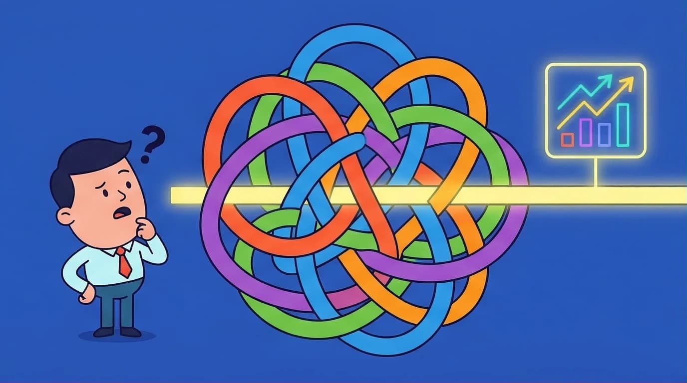 An illustration of a person finding clarity with a data-driven career aptitude test, moving from a tangled mess to a single clear path.