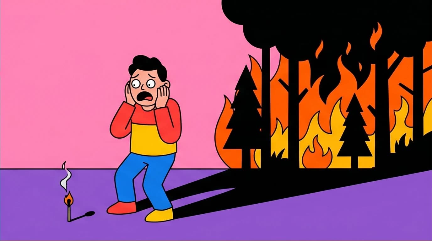 A visual representation of cognitive distortion in anxiety, where a person magnifies a small problem into a catastrophe, a core concept in CBT.