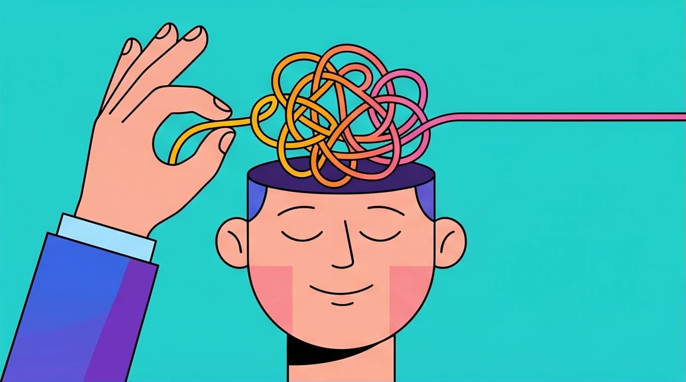An illustration showing how Cognitive Behavioral Therapy (CBT) helps untangle anxious thoughts, reshaping the brain's neural pathways for anxiety relief.
