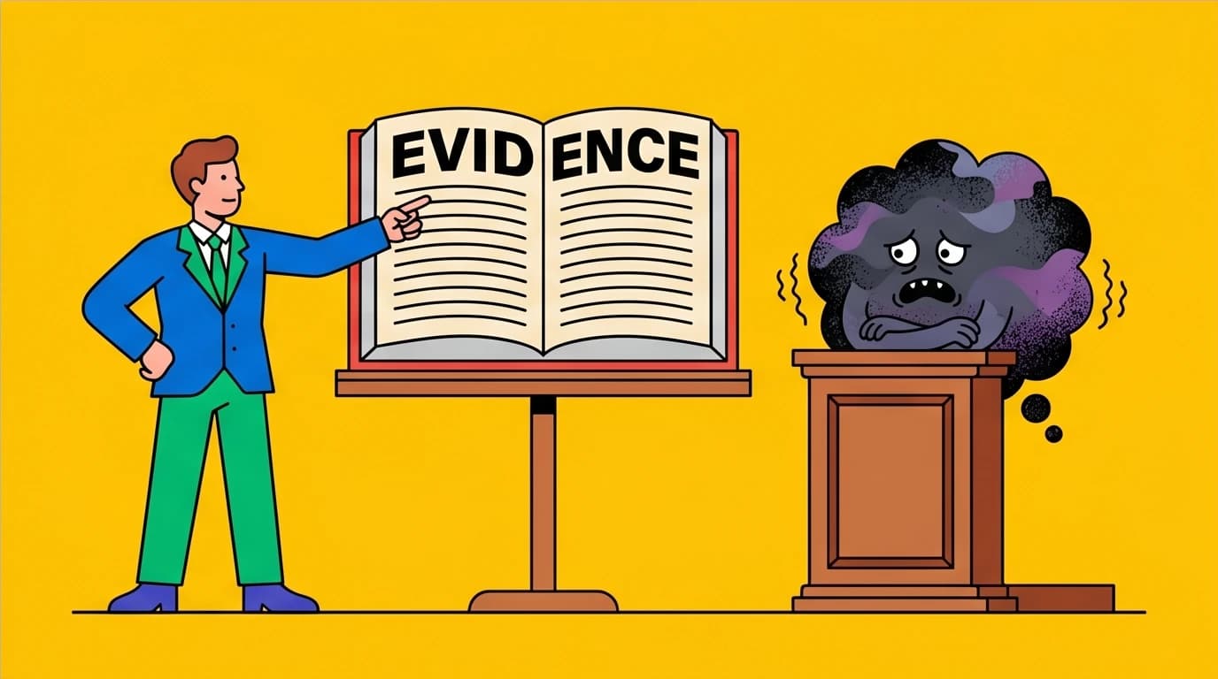 A person using the thought record technique from CBT, putting an anxious thought on trial with objective evidence to develop a balanced perspective.