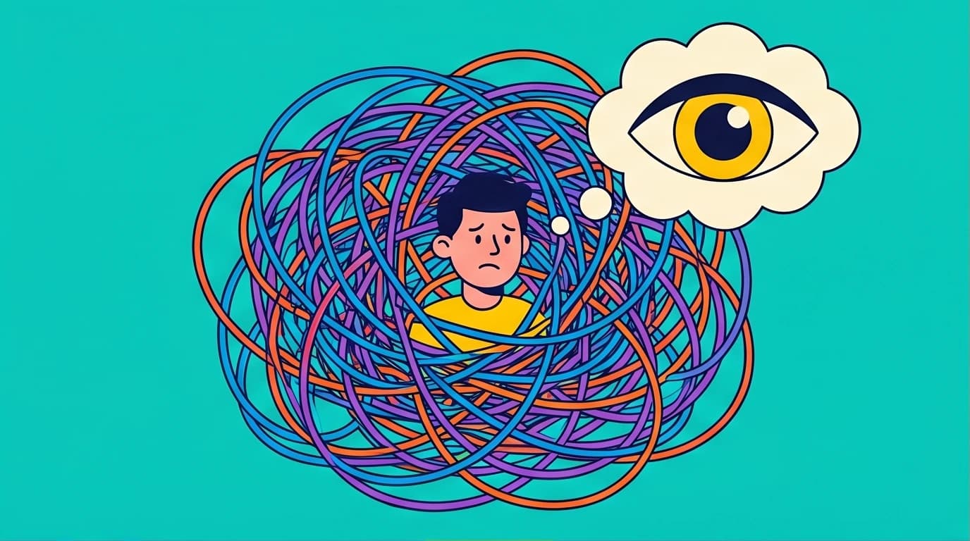 An illustration of a person trapped by overthinking, representing how CBT for social anxiety helps rewire negative thought patterns and build confidence.