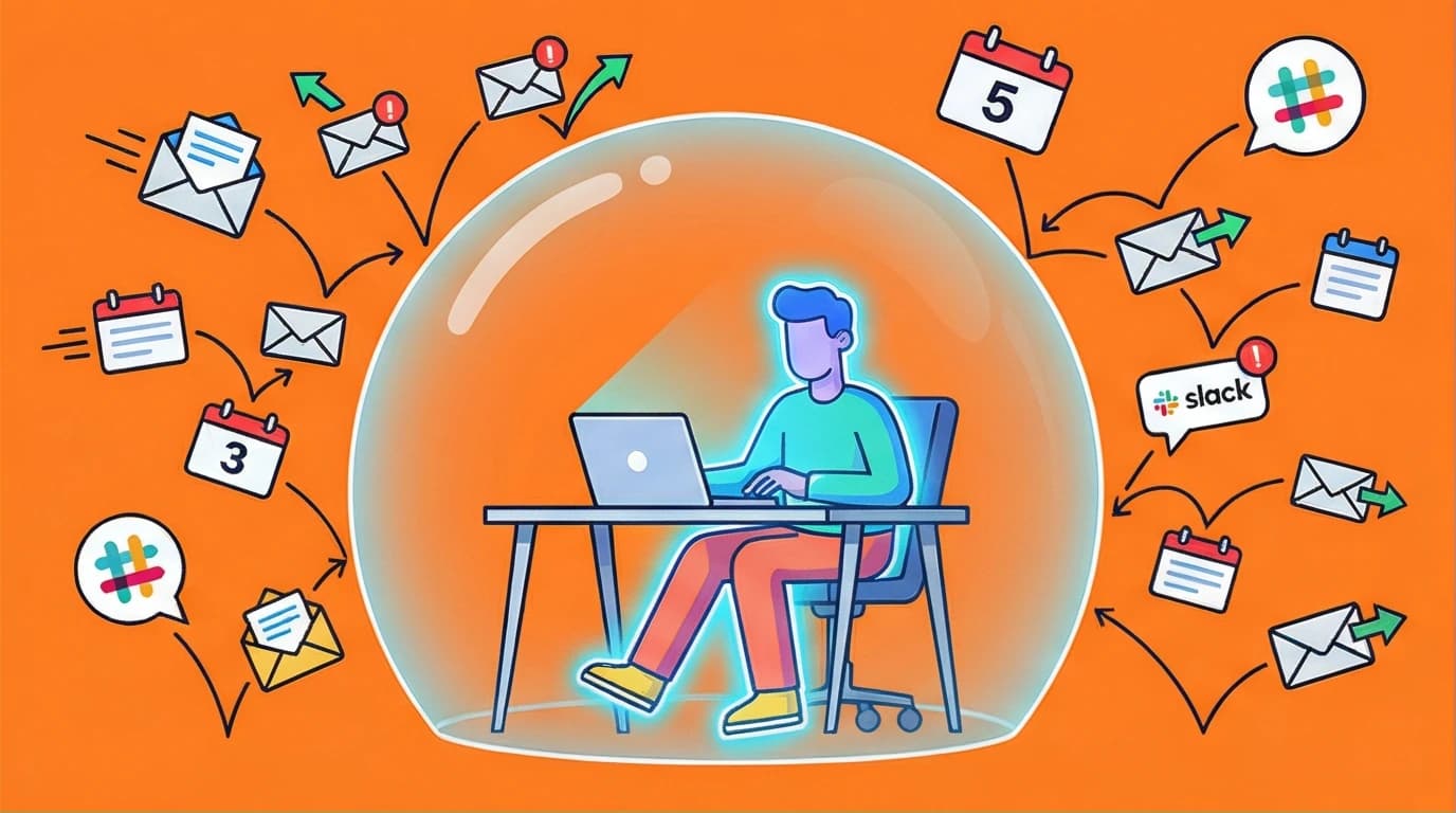 A professional uses deep work strategies to maintain focus, protected from a storm of digital distractions by an energy shield.