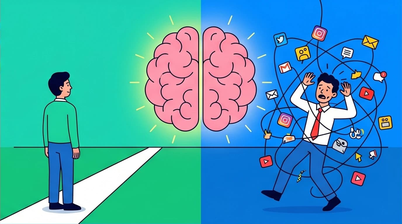 A visual comparison of deep work vs. shallow work, showing a clear path to success versus a chaotic tangle of distractions, inspired by Cal Newport's summary.