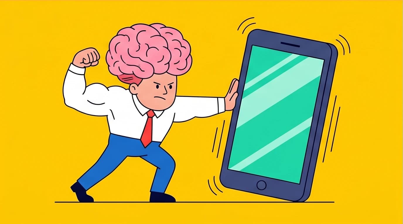 An illustration showing a person building their focus muscle by embracing boredom and resisting the urge to check their smartphone, a key rule from Deep Work.