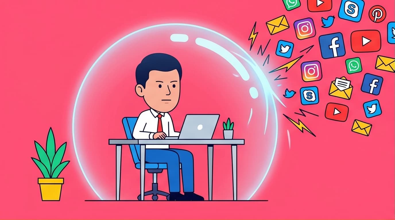 An illustration of a professional in a state of deep work, protected from distractions by a focus bubble, representing Cal Newport's concept of focused success.