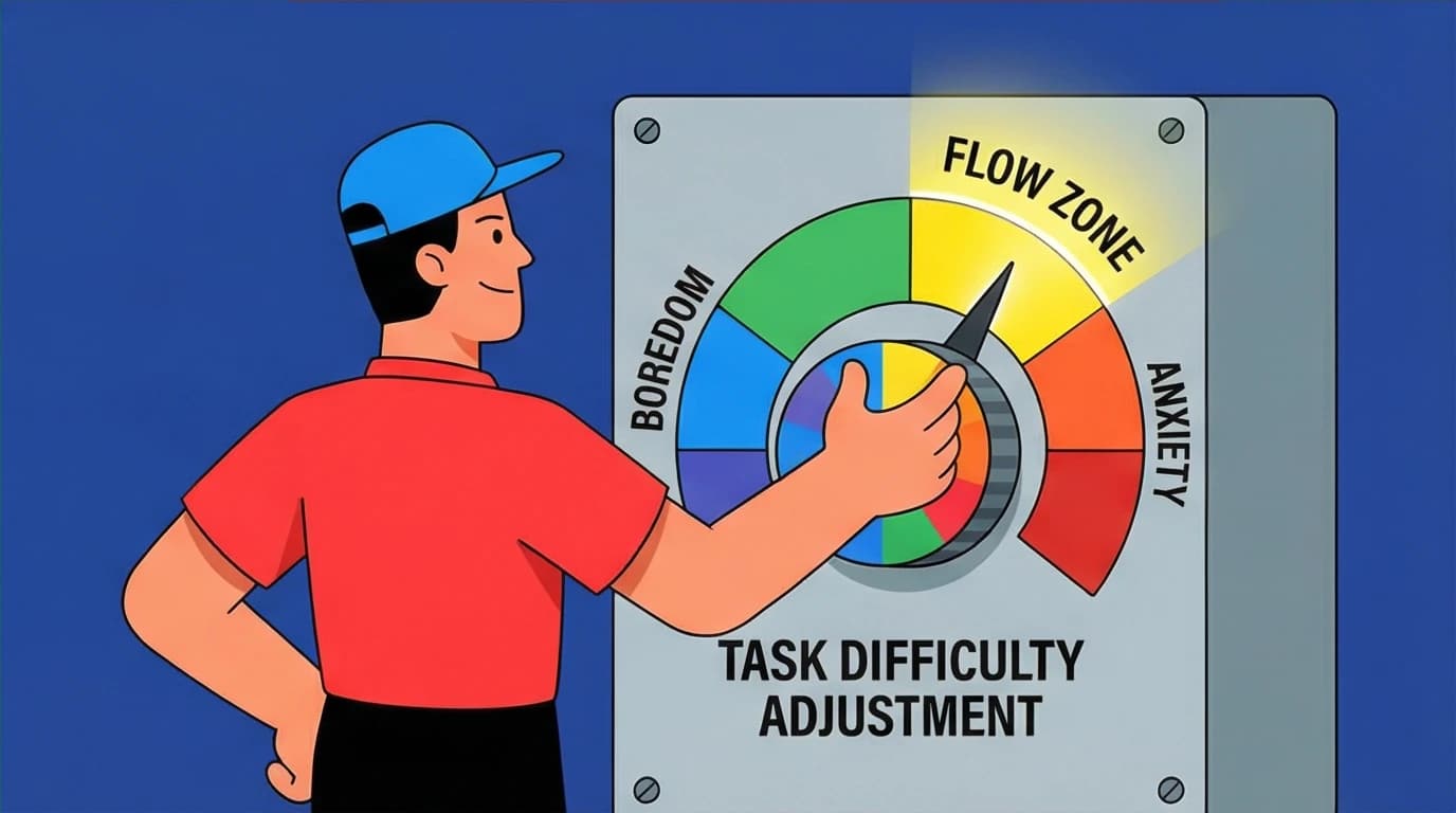 An illustration of a person adjusting a 'difficulty dial' to find the perfect balance between challenge and skill to enter a flow state.