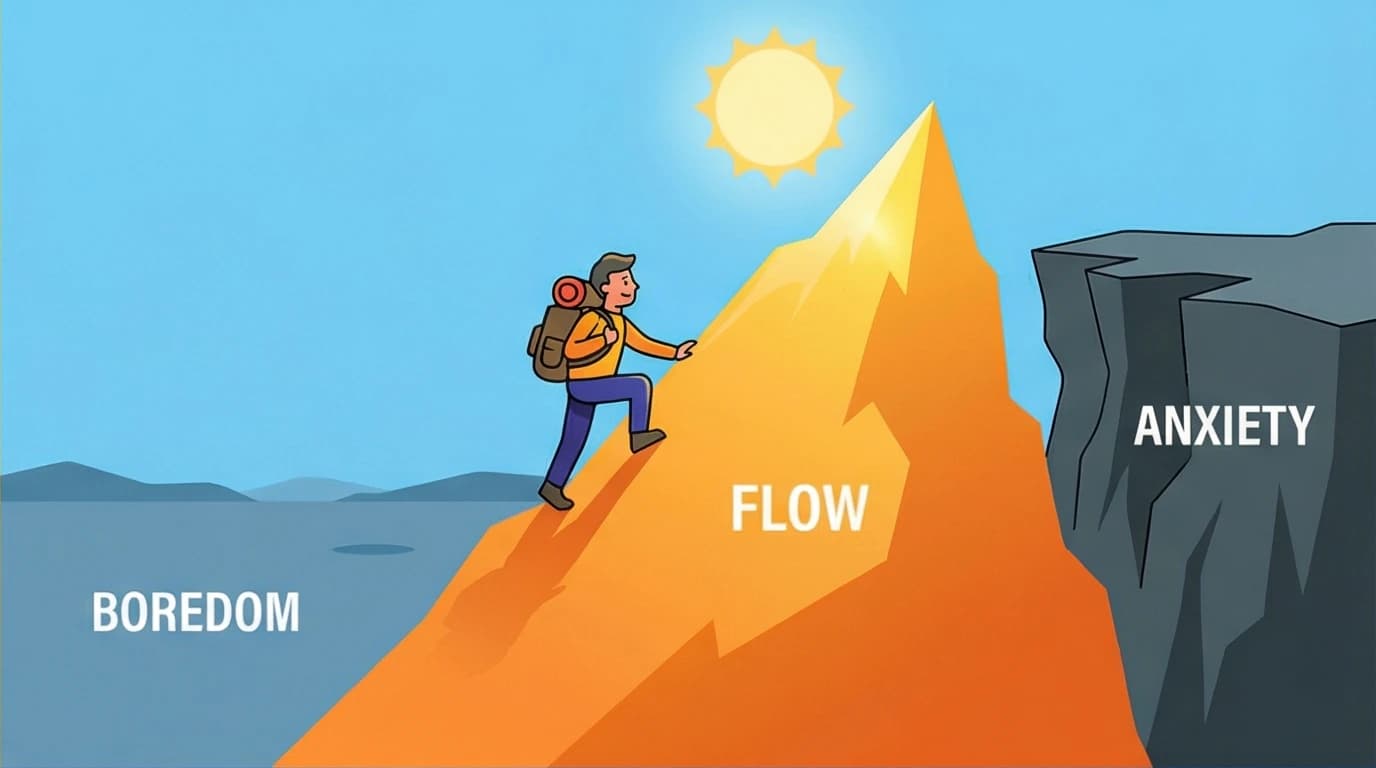 A chart visualizing the psychology of optimal experience: Flow state is achieved with high skill and high challenge, avoiding anxiety and boredom.