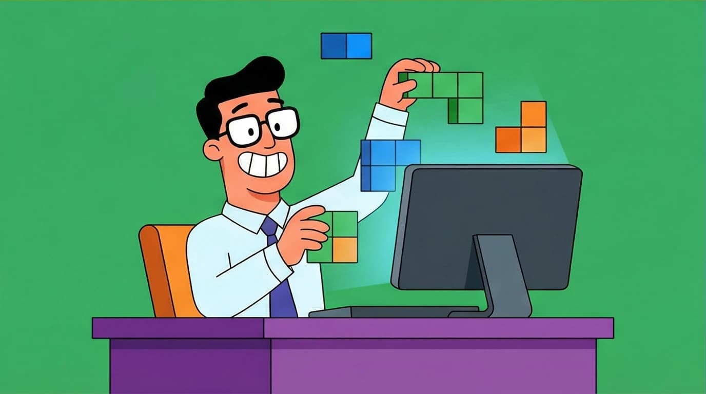 An office worker finding flow by turning a mundane job into a complex and enjoyable game, a key concept from Csikszentmihalyi's book.