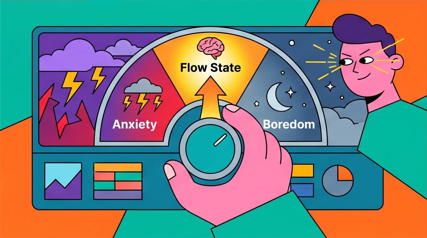 A person actively adjusting a control dial to move from work anxiety or boredom back into the highly focused and productive flow state channel.