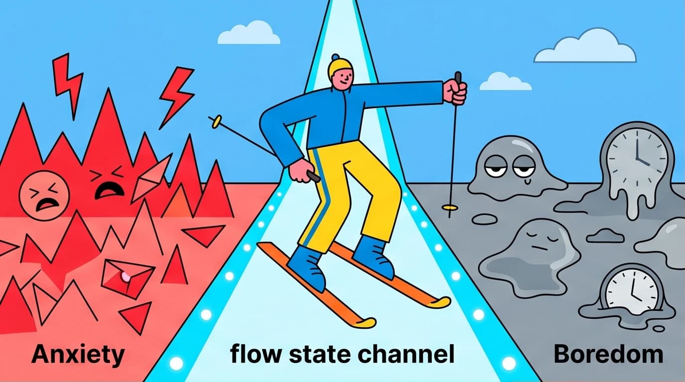 An illustration showing a person in the 'flow channel', balancing between the zones of work anxiety and boredom to achieve a focused flow state.