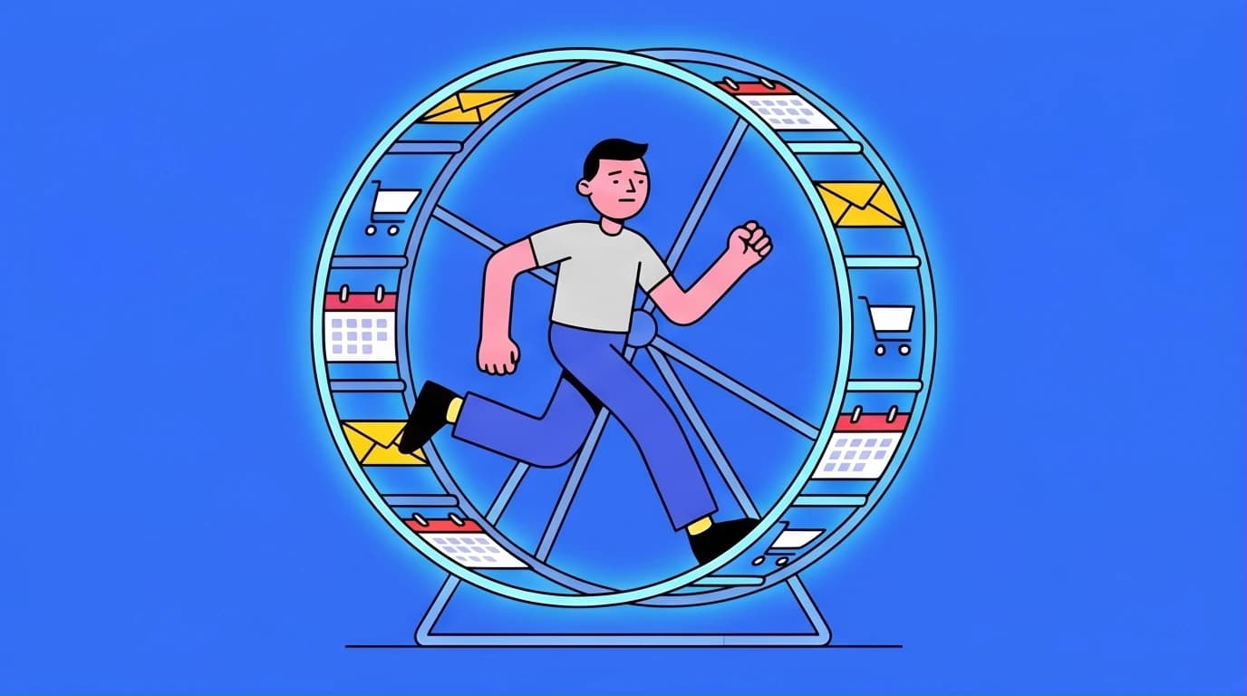 An illustration of a person trapped in a hamster wheel of daily routine, symbolizing the search for happiness and flow state in a monotonous life.