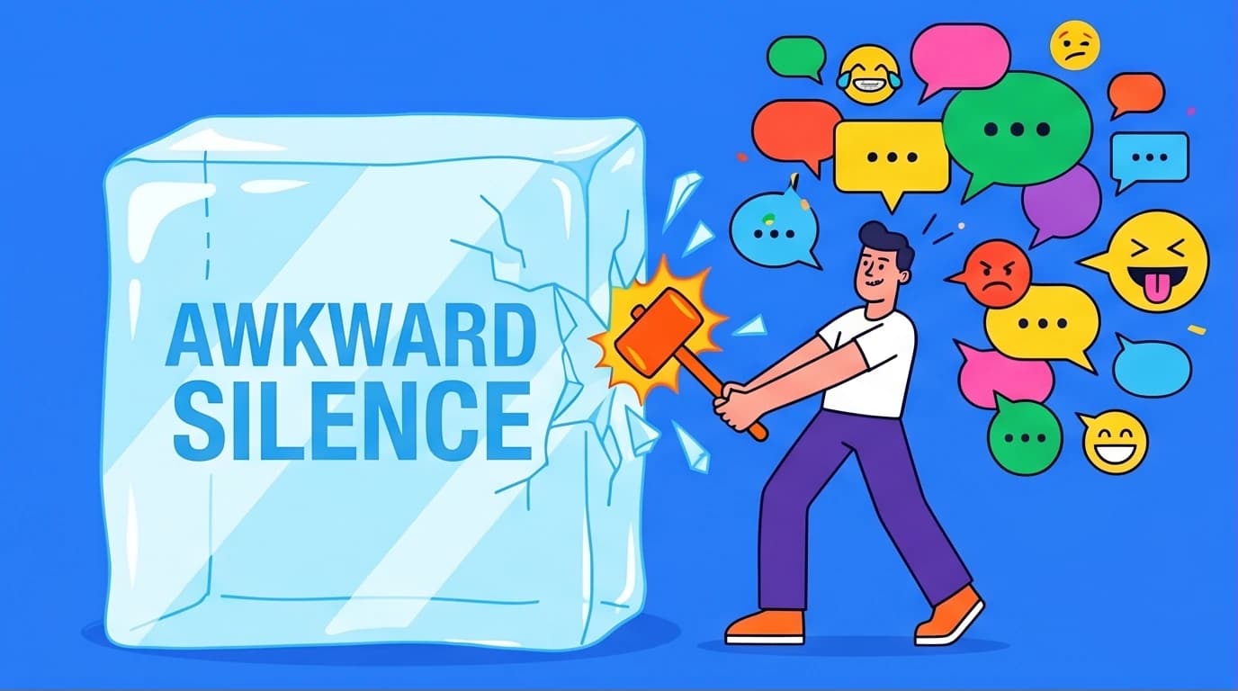 A person breaking a giant block of ice called 'Awkward Silence,' symbolizing the use of funny quotes and a sense of humor for ice-breaking.