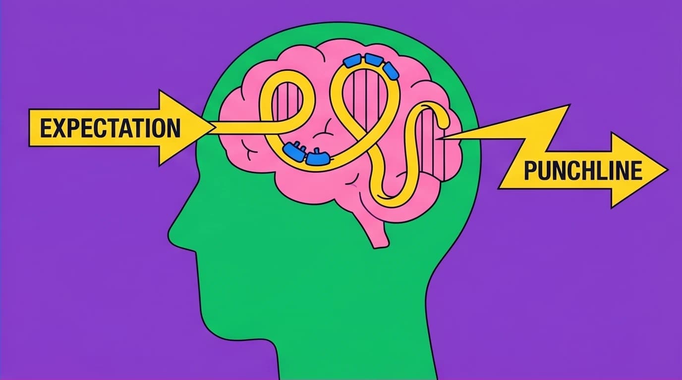 An illustration of a brain showing how humor works with contrast, where an expected path takes a surprising turn, a key social skill.