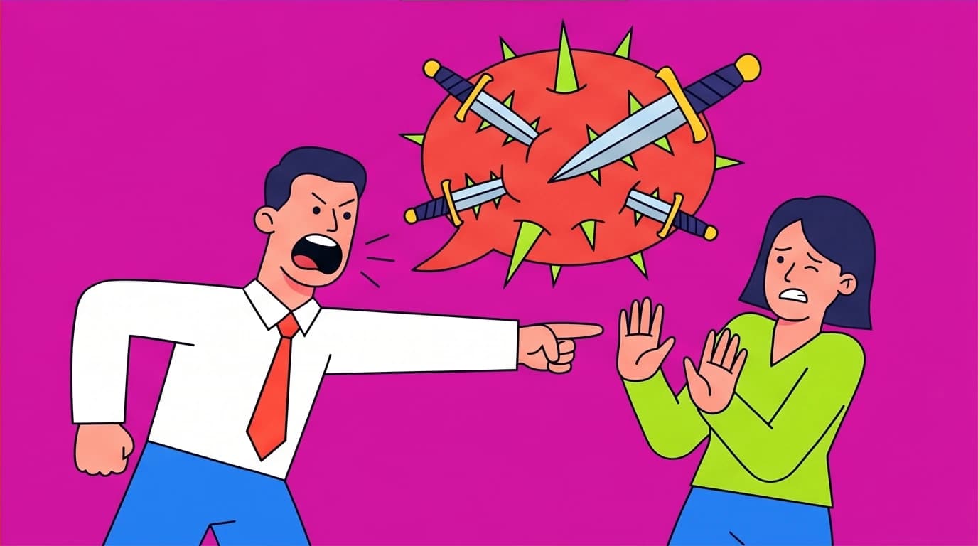 A visual showing hurtful words as sharp cacti, warning against using aggressive humor which is a common pitfall in social skills.