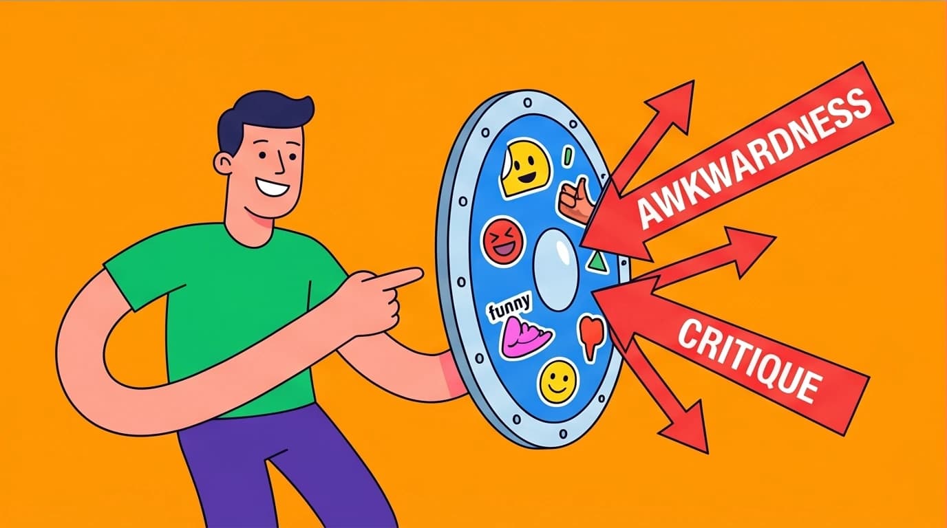 A character using a shield of self-deprecating humor to deflect criticism, illustrating a high-EQ social skill for building connections.