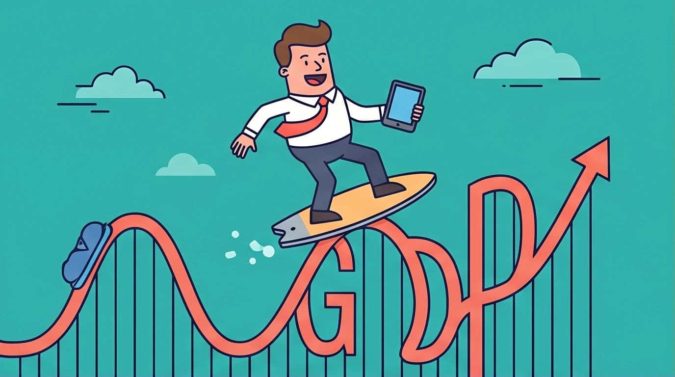 An investor mastering the GDP economic cycle for strategic asset allocation, depicted as surfing a volatile line graph.