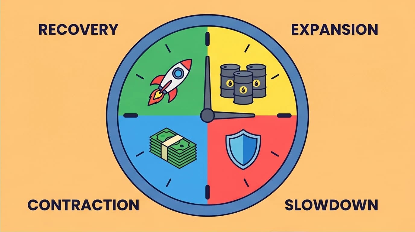 The four stages of the economic cycle, shown as an investment clock for asset allocation: recovery, expansion, slowdown, contraction.