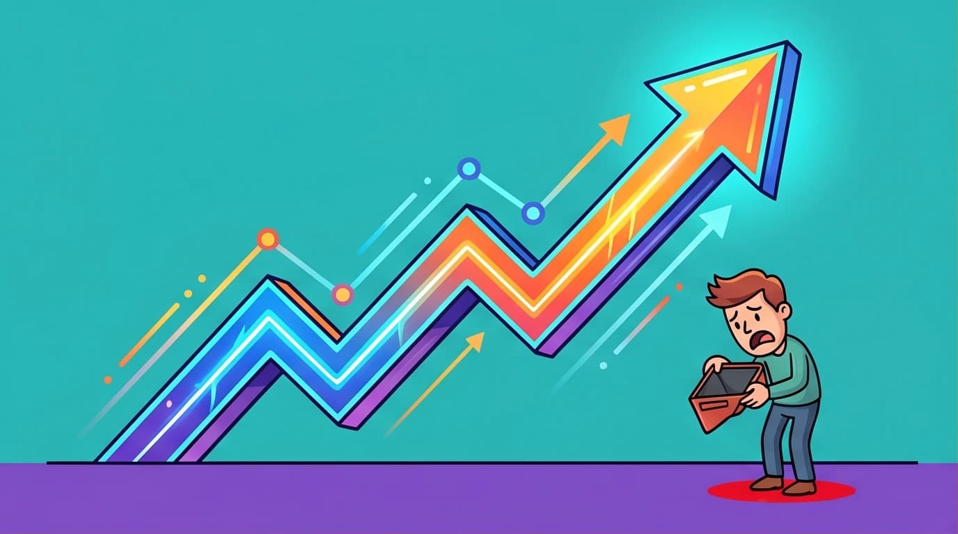 An illustration showing the disconnect between Taiwan's soaring GDP growth and stagnant wages, with a huge rising chart and a person with an empty wallet.