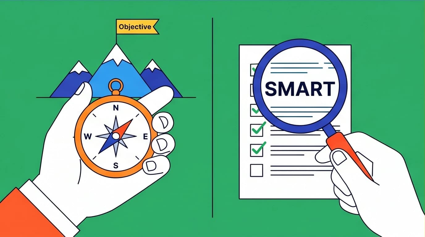 A visual metaphor comparing OKR as a strategic compass for direction and SMART goals as a magnifying glass for detailed execution.