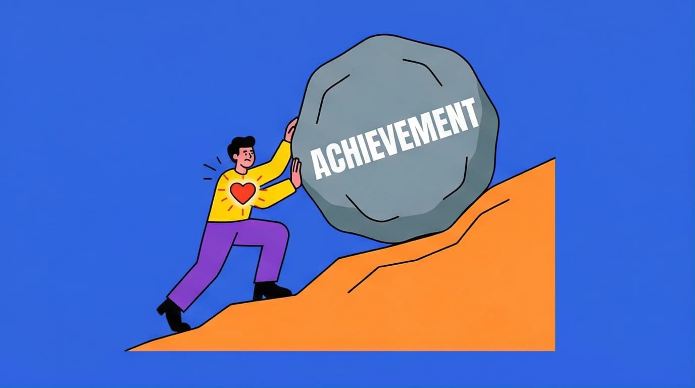 Illustration from Grit book summary showing a character with passion pushing a boulder of achievement, representing perseverance and success.