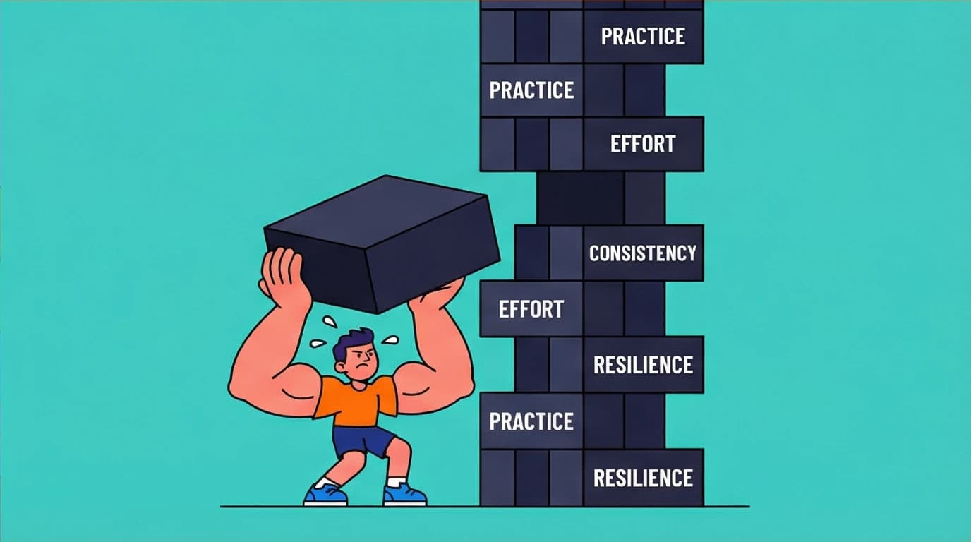 A character building a tall tower block by block, a metaphor for how to build a higher grit score and increase mental toughness.