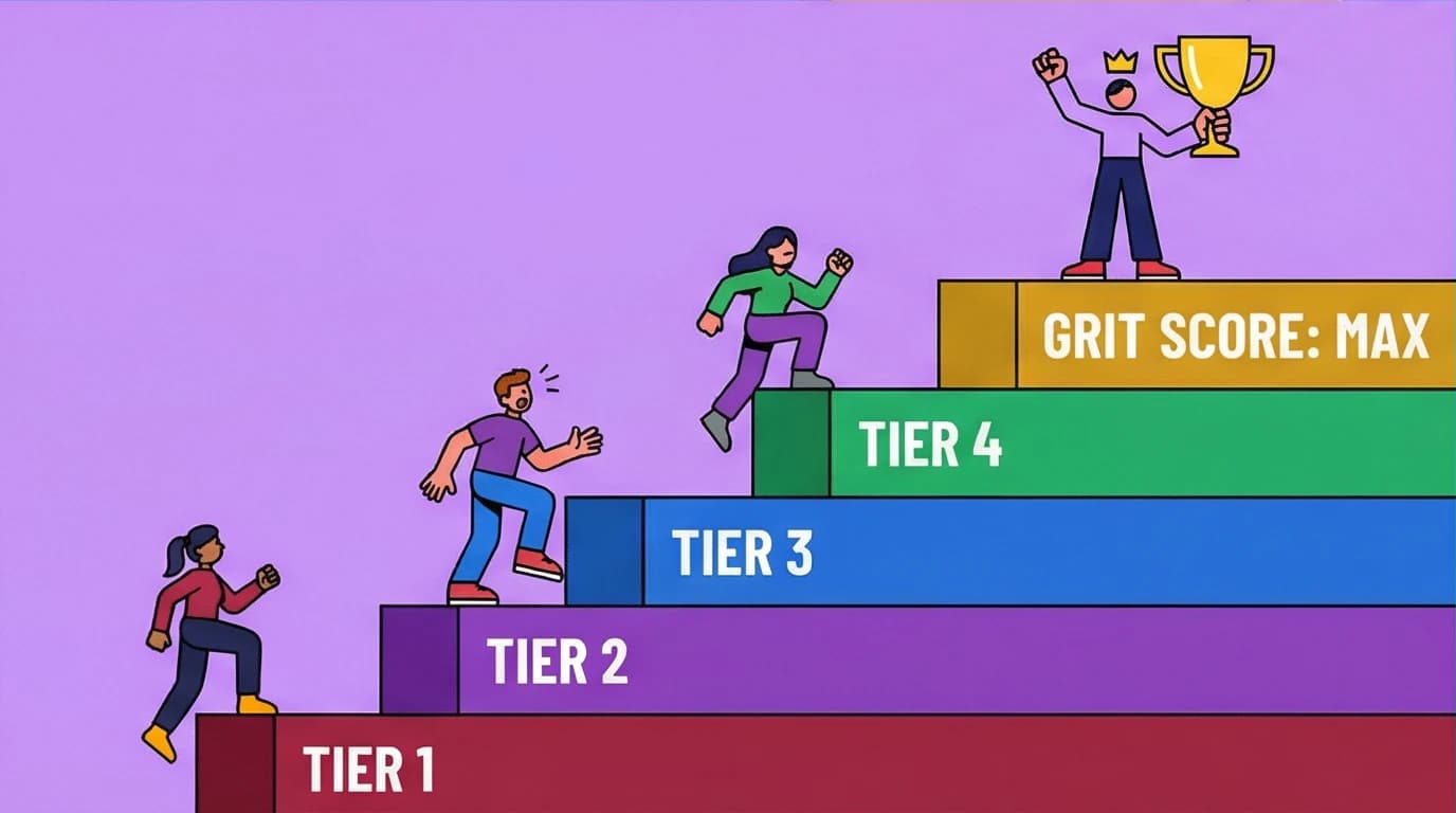 A chart showing different levels of grit scores, from low to high, helping to interpret the results of the resilience test.
